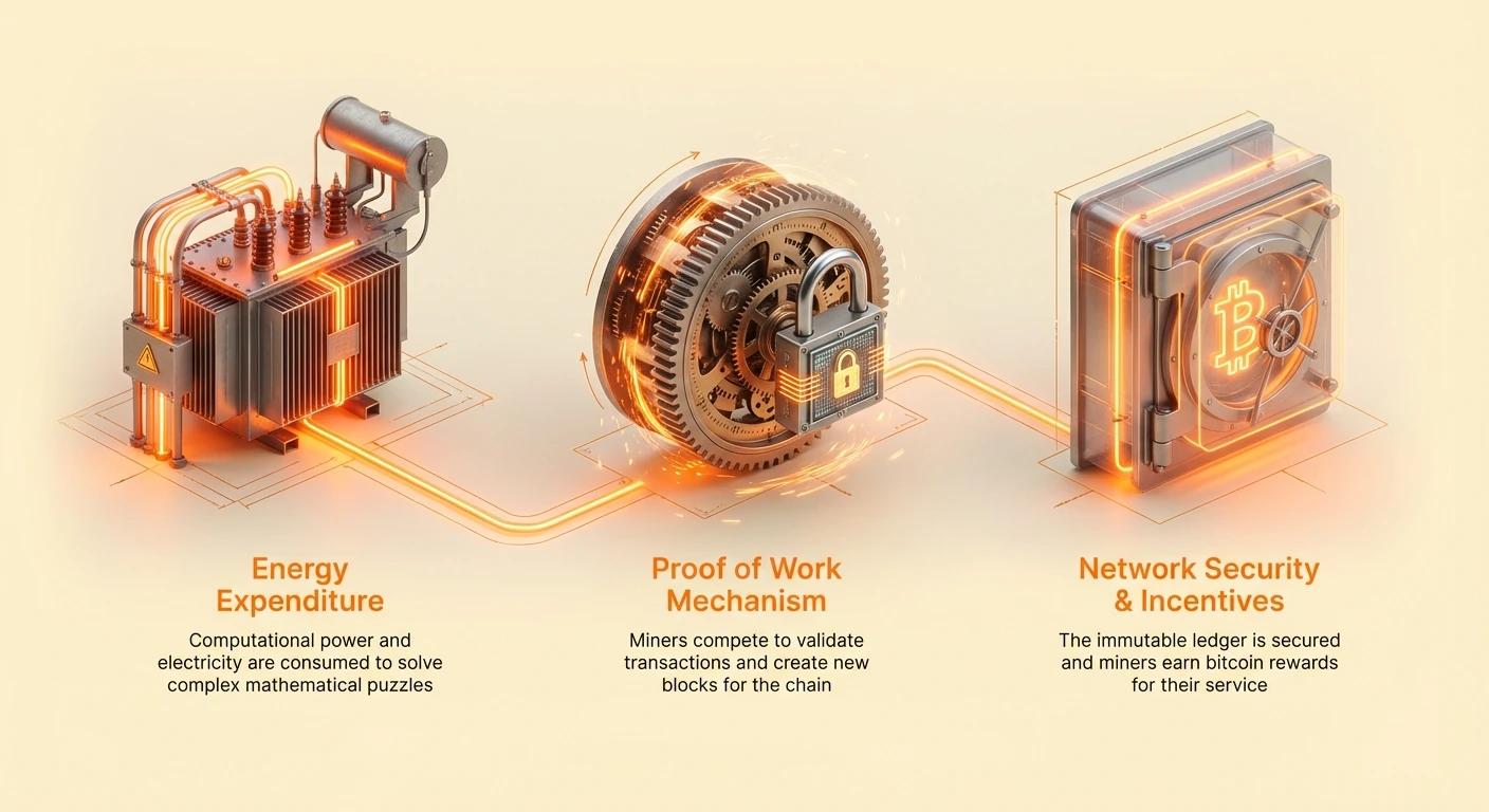 Infographic overview of Bitcoin mining: energy expenditure solves puzzles through Proof of Work mechanism, securing the network and rewarding miners with bitcoin incentives.