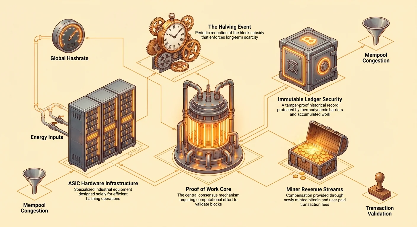 Infographic depicting Bitcoin mining ecosystem with central Proof of Work, inputs like ASIC hardware, halving events, energy, hashrate, and outputs including immutable security and miner revenue streams.