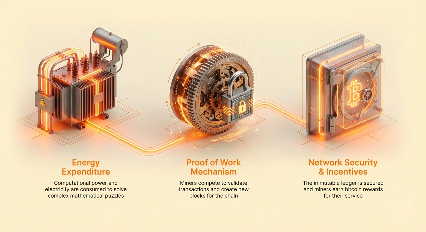 Infographic overview of Bitcoin mining: energy expenditure solves puzzles through Proof of Work mechanism, securing the network and rewarding miners with bitcoin incentives.