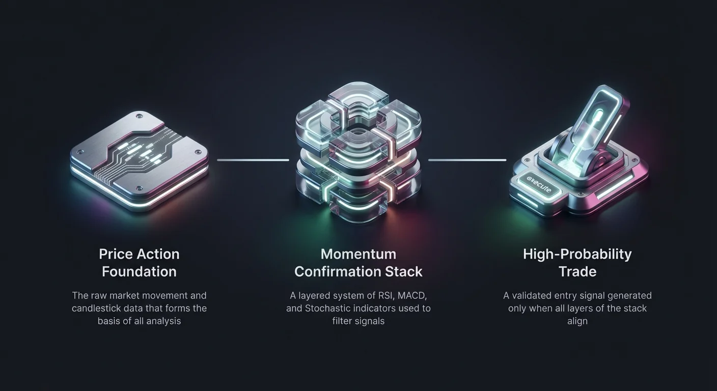 Clean infographic illustrating linear progression of Momentum Confirmation Stack trading strategy from foundational market data through multi-indicator stack to actionable trade signal.
