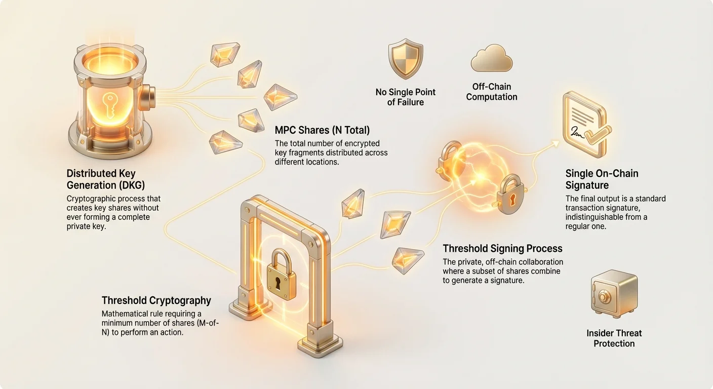 Detailed flowchart of MPC wallet process: DKG creates N shares, threshold cryptography enables M-of-N off-chain signing for single on-chain signature. Features no single point of failure, off-chain computation, insider protection.