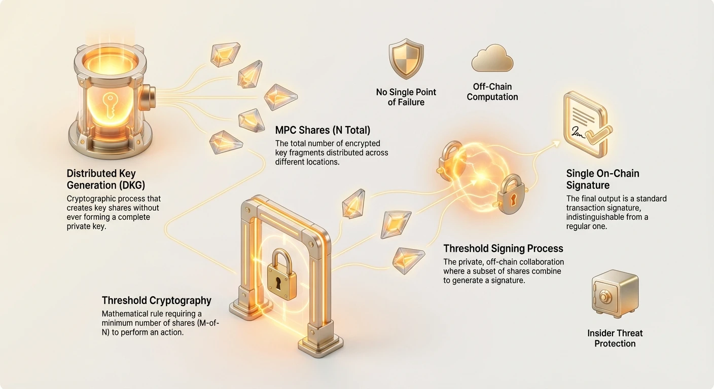 Detailed flowchart of MPC wallet process: DKG creates N shares, threshold cryptography enables M-of-N off-chain signing for single on-chain signature. Features no single point of failure, off-chain computation, insider protection.