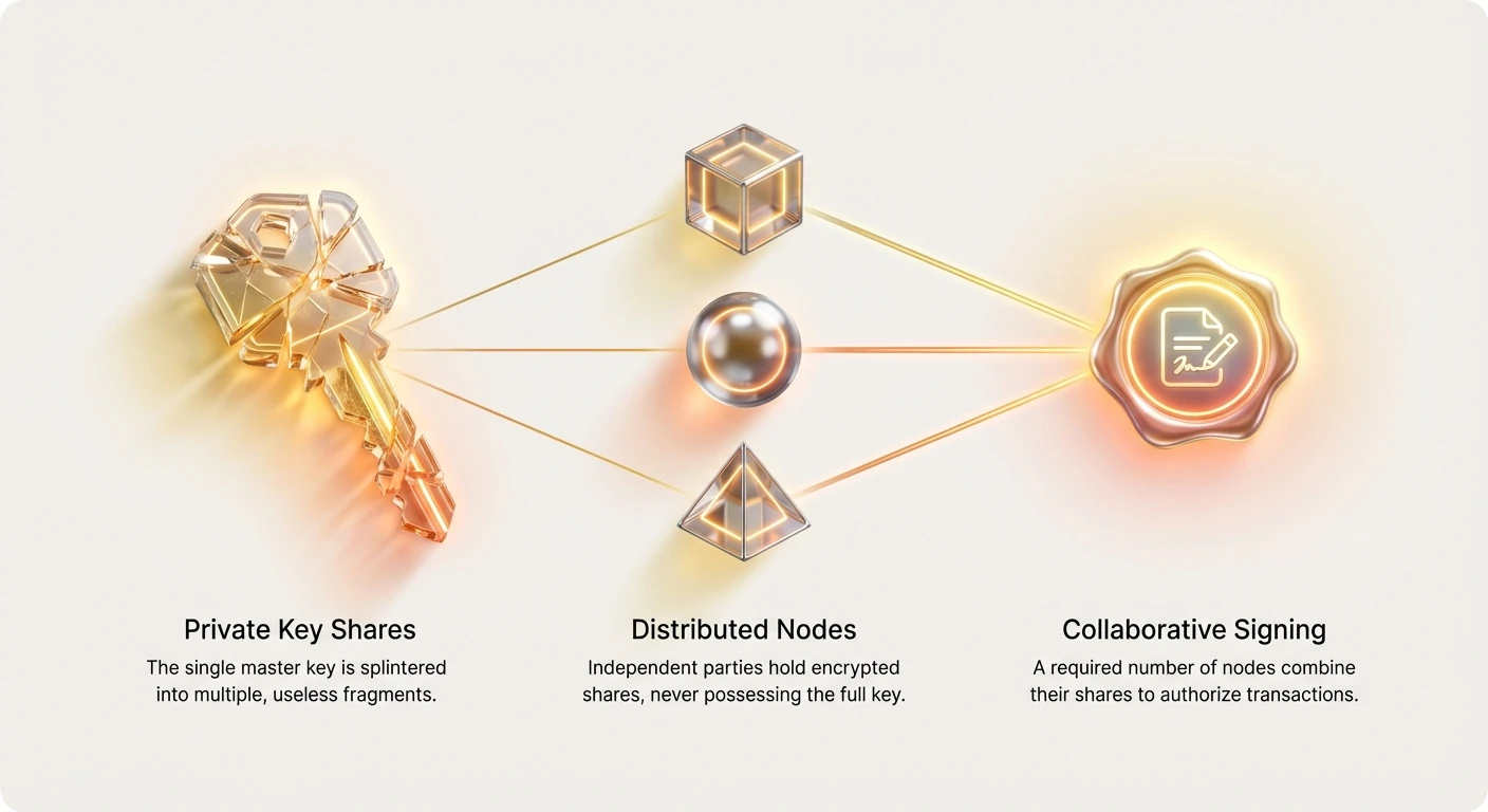 Conceptual overview of Multi-Party Computation showing private key split into useless shares distributed to independent nodes that collaborate to sign transactions securely.