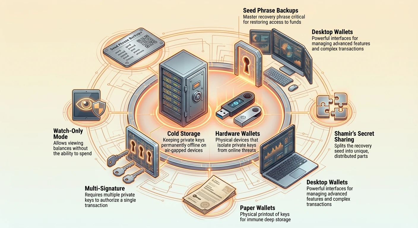 Detailed infographic showing layered security for multi-signature custody, from cold storage and shared control to backup methods as defensive layers.