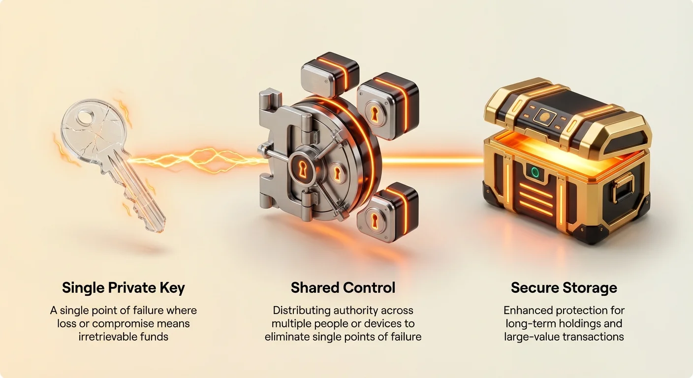 Infographic illustrating transition from single private key risks to secure multi-signature shared control and storage solution.