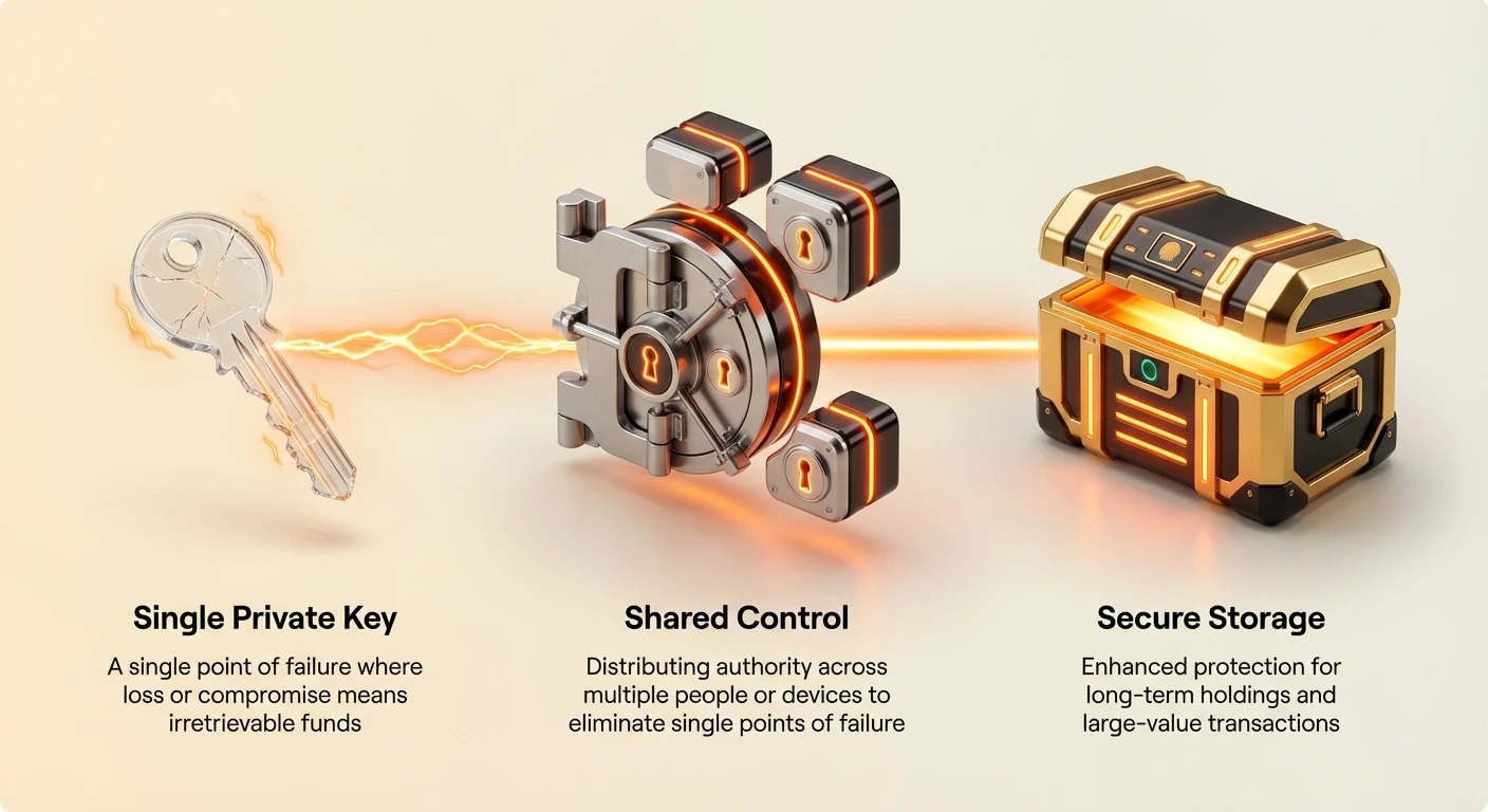 Infographic illustrating transition from single private key risks to secure multi-signature shared control and storage solution.