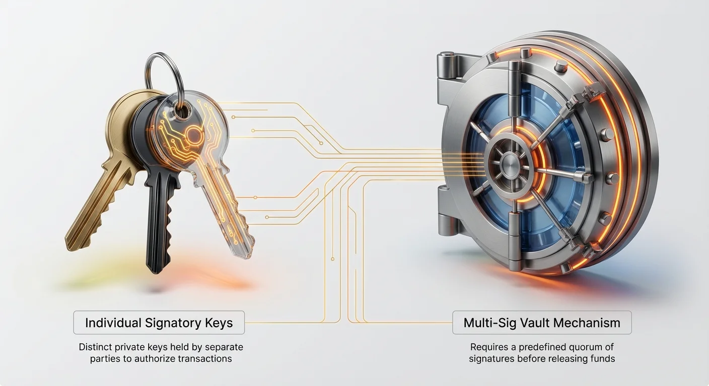 Diagram of multi-signature wallet basics: distinct individual keys from separate parties combine to meet quorum and unlock secure central vault.