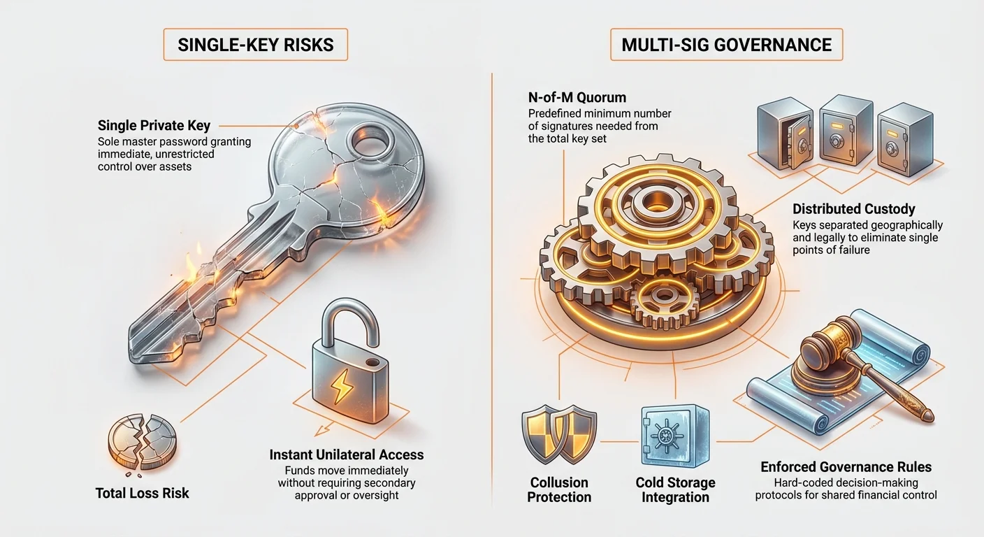 Infographic contrasting single-key wallet risks like sole control, instant access, and total loss with multi-sig benefits including N-of-M quorum, distributed custody, enforced rules, collusion protection, and cold storage.
