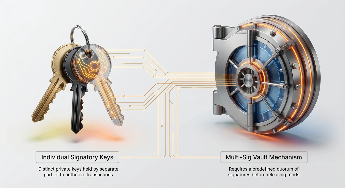 Diagram of multi-signature wallet basics: distinct individual keys from separate parties combine to meet quorum and unlock secure central vault.