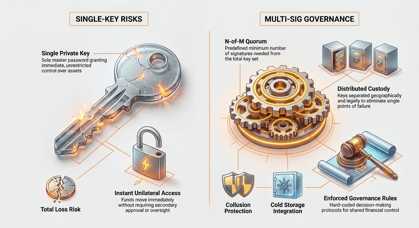 Infographic contrasting single-key wallet risks like sole control, instant access, and total loss with multi-sig benefits including N-of-M quorum, distributed custody, enforced rules, collusion protection, and cold storage.