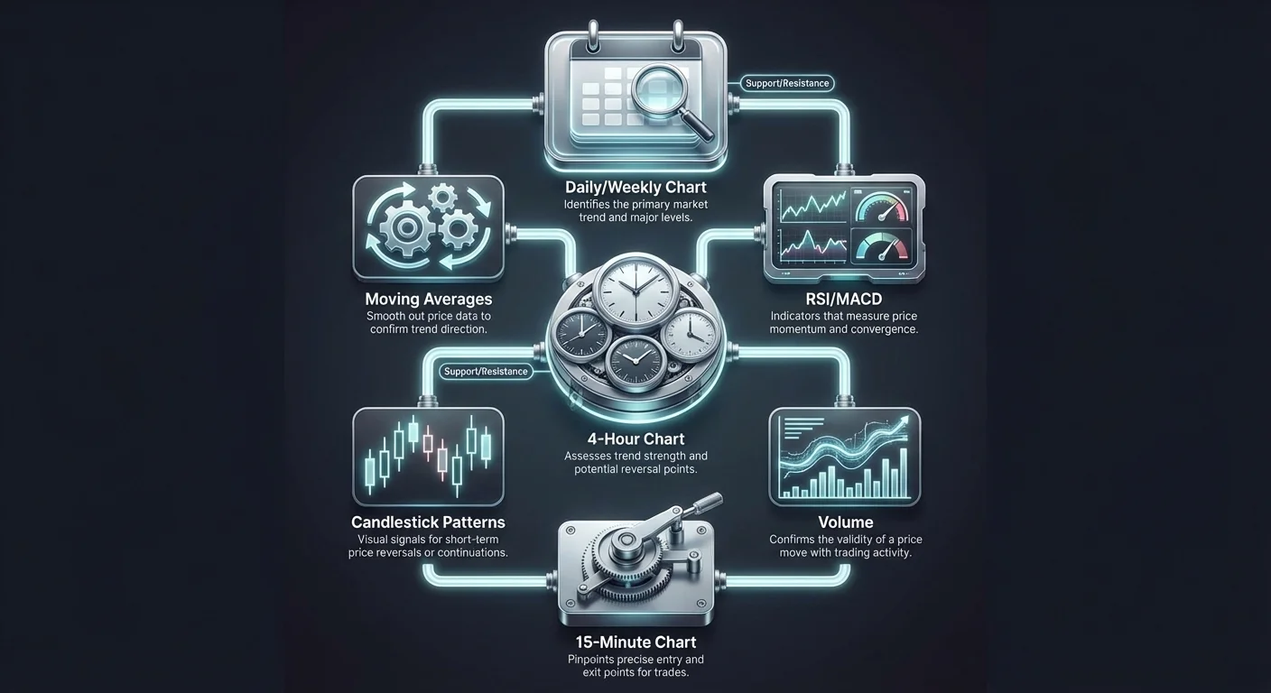 Infographic depicting daily/weekly, 4-hour, and 15-minute charts for crypto multi-timeframe analysis, with moving averages, RSI/MACD, candlestick patterns, volume, and support/resistance.