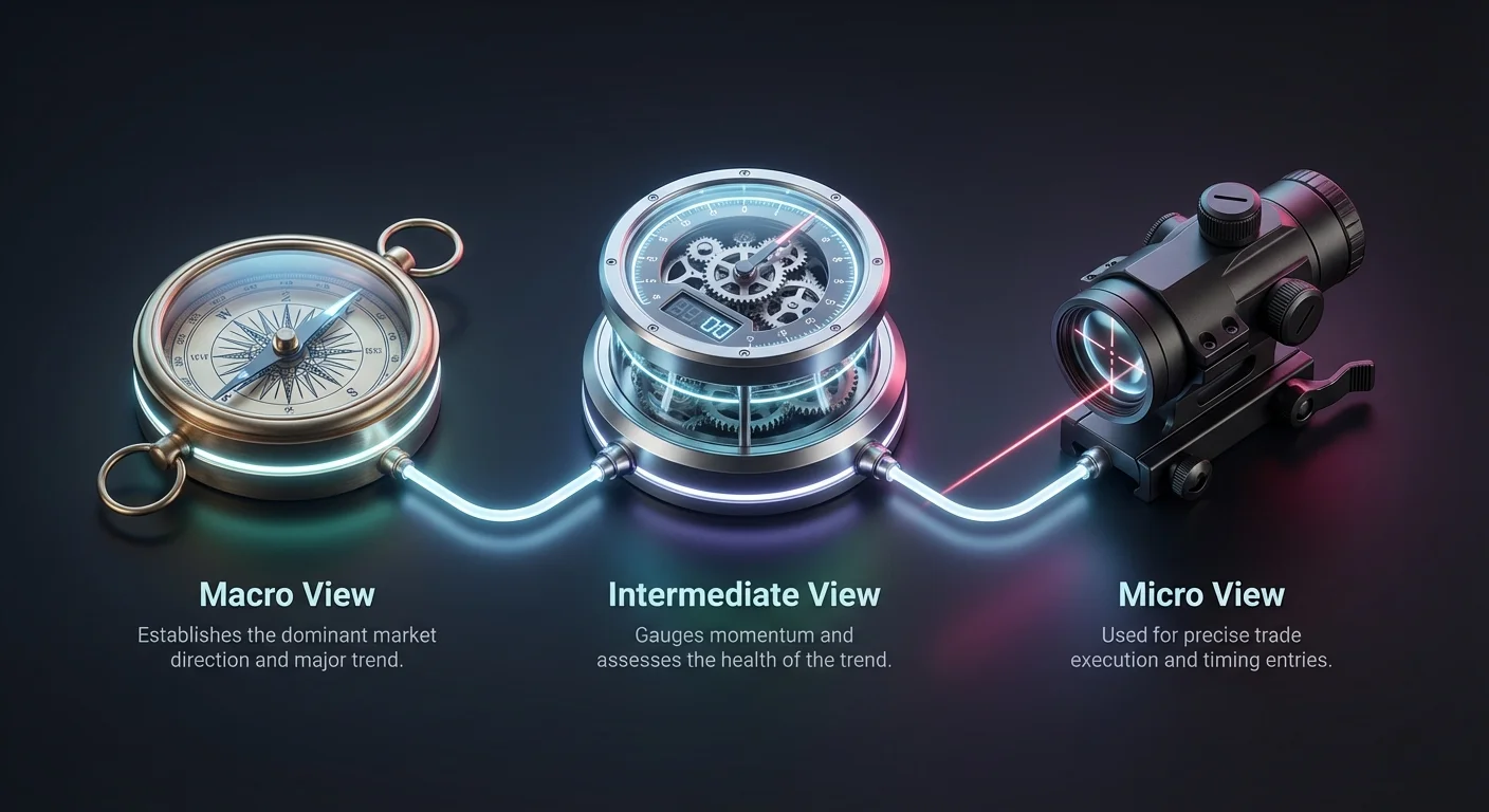 Infographic overview of multi-timeframe crypto trading analysis: macro view sets trend, intermediate gauges momentum, micro enables precise trade entries.