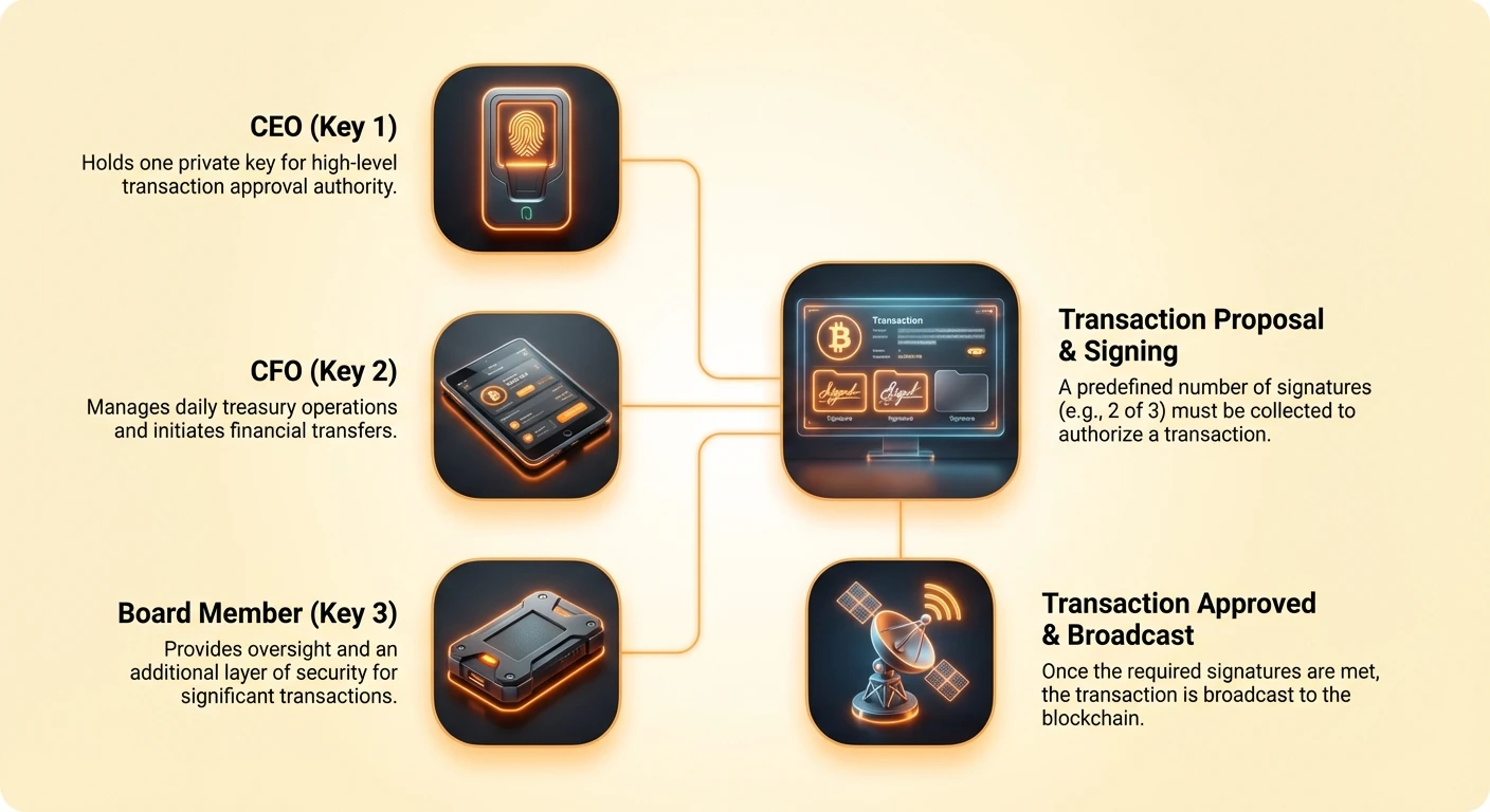 Detailed infographic of 2-of-3 multisig workflow for institutional Bitcoin custody, showing CEO, CFO, and Board Member roles in transaction proposal, signing, approval, and blockchain broadcast.