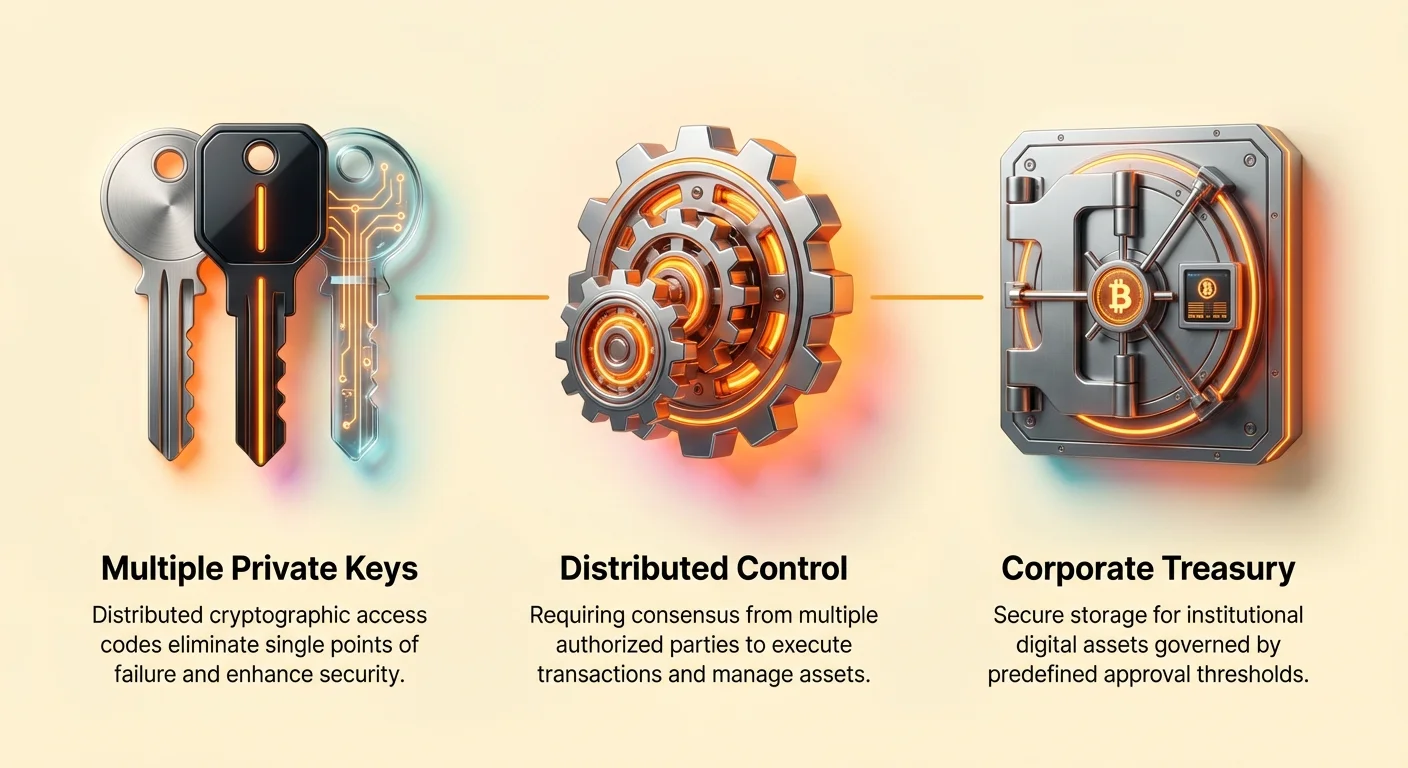 Simple infographic showing multisig transition: multiple private keys enable distributed control to secure institutional corporate treasury.