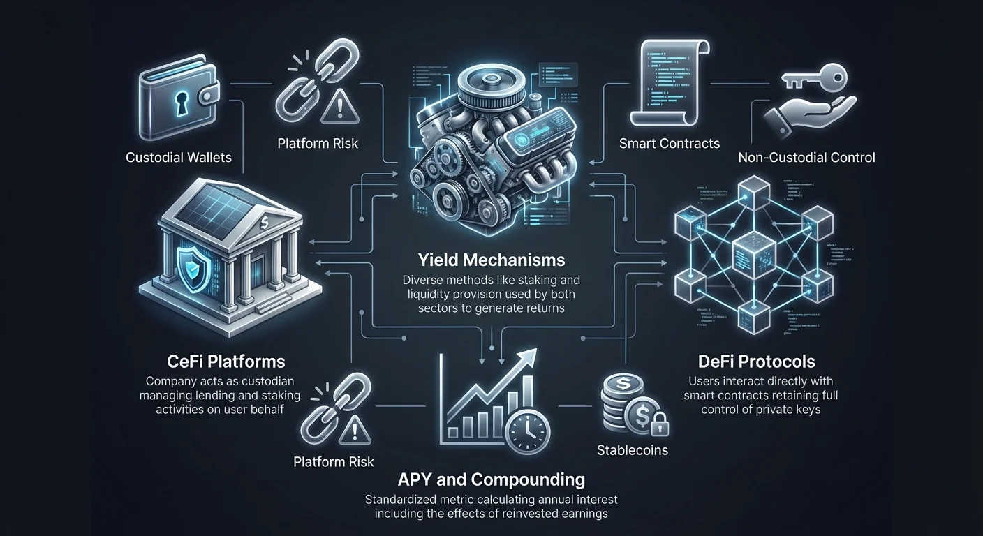 Detailed infographic comparing CeFi and DeFi platforms for staking and lending, featuring yield mechanisms, APY, compounding, stablecoins, custodial wallets, and smart contracts.