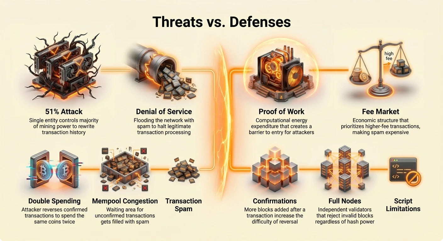 Detailed infographic comparing cryptocurrency threats like 51% attacks and DoS with defenses including Proof of Work and fee markets in a side-by-side layout.