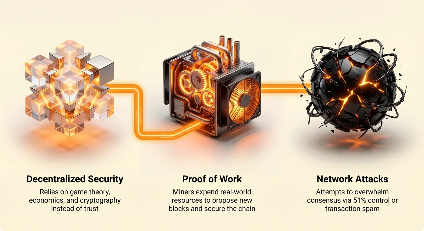 High-level infographic overview of decentralized security, proof-of-work defense mechanism, and network attacks it mitigates in cryptocurrency.