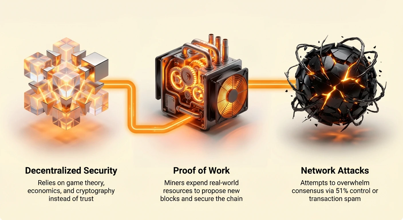 High-level infographic overview of decentralized security, proof-of-work defense mechanism, and network attacks it mitigates in cryptocurrency.
