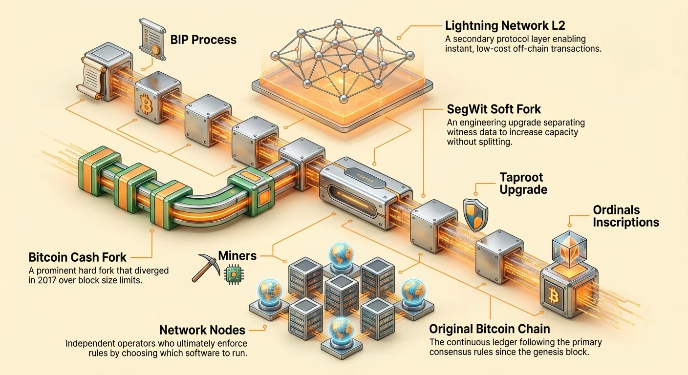 Detailed infographic timeline of Bitcoin ecosystem showing main chain, Bitcoin Cash split, SegWit and Taproot upgrades, Lightning Network, and roles of nodes and miners.