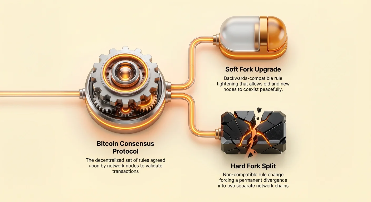 High-level infographic of Bitcoin's consensus protocol at center, branching into smooth soft fork or divergent hard fork upgrade paths.