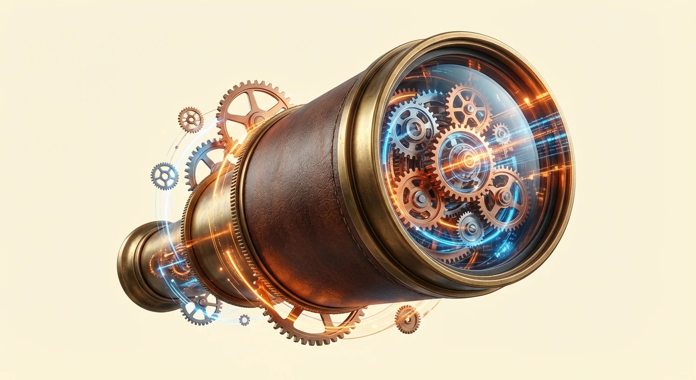 Antique brass telescope integrated with glowing gears and data streams, symbolizing the monitoring of complex blockchain network traffic mechanics.