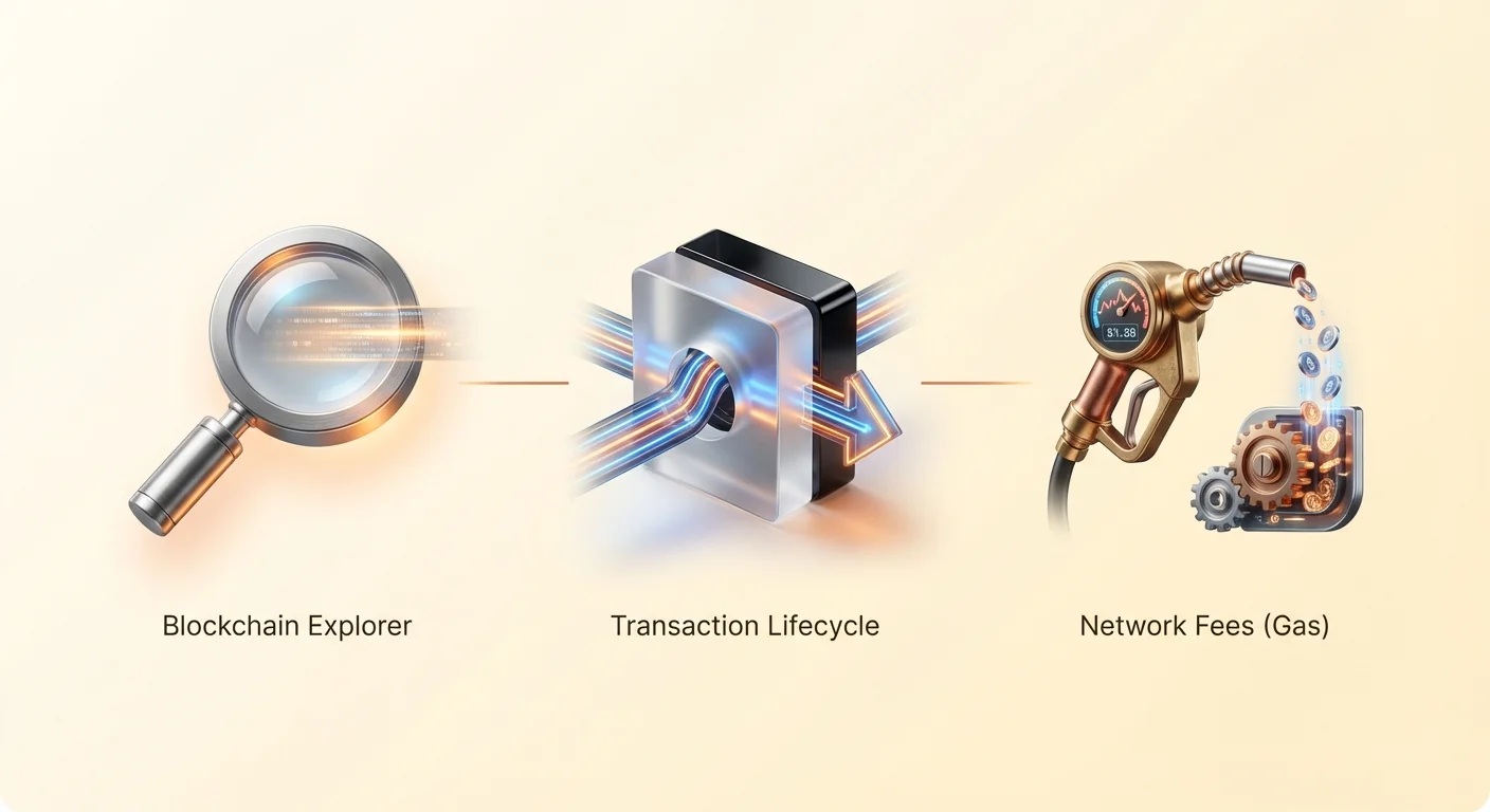 Simple infographic introducing core blockchain concepts: explorer for monitoring, transaction lifecycle, and network fees (gas).