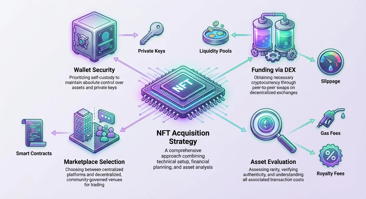 Detailed infographic featuring a central hub structure outlining key components and considerations for a successful NFT acquisition strategy.