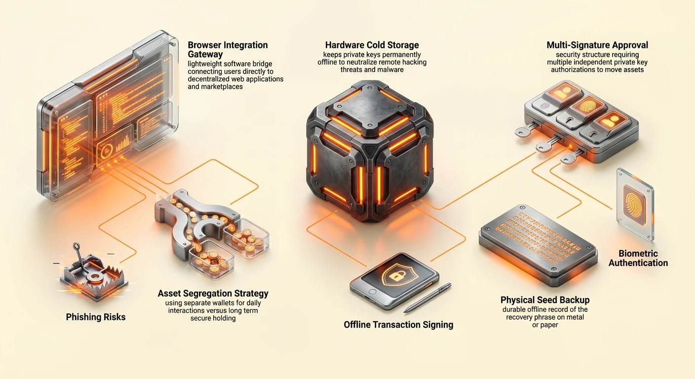 Detailed infographic diagram of NFT wallet types: browser hot storage, hardware cold storage, and advanced security like multi-signature approvals and physical backups.
