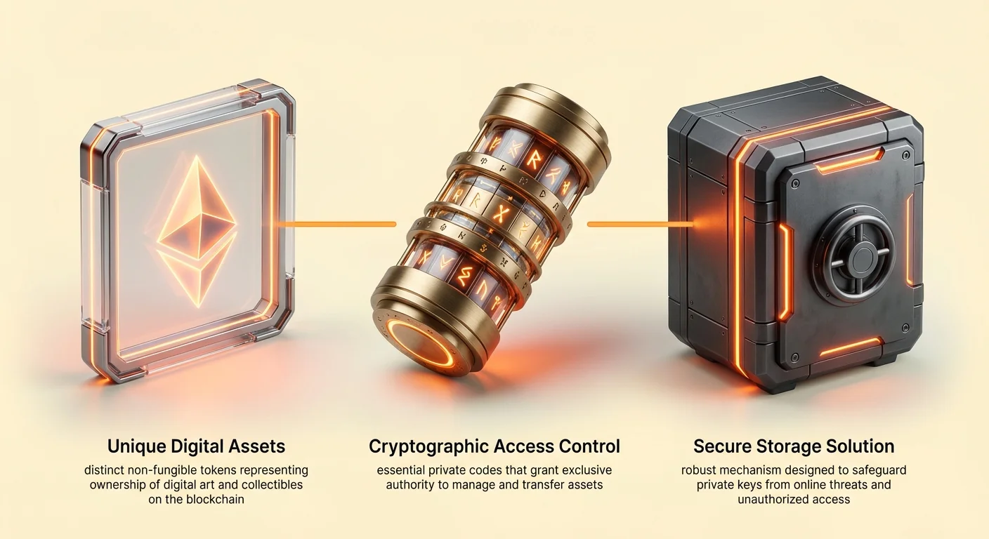 High-level infographic overview of digital asset security featuring three photorealistic icons for asset, control mechanism, and storage, connected by simple flow lines.
