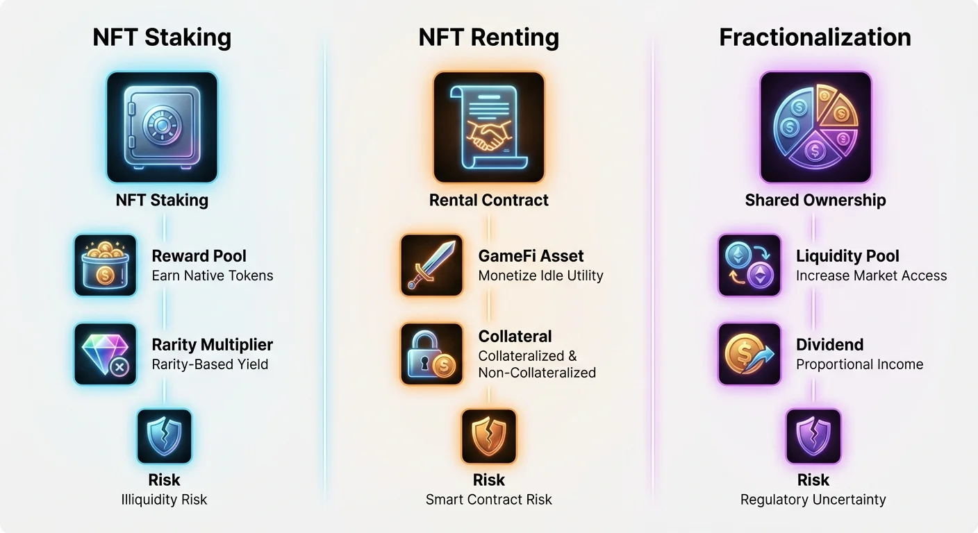 Infographic detailing NFT passive income strategies through staking, renting, and fractionalization, with mechanics, examples, case studies, and risk management tips.