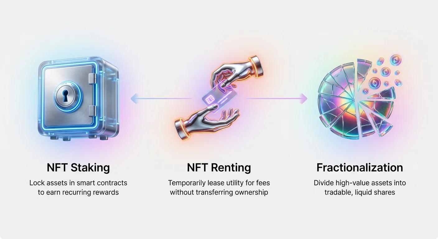 Infographic overview of NFTs as utility and income streams, explaining staking for rewards, renting protocols for passive earnings, and fractionalization for liquidity and yield.