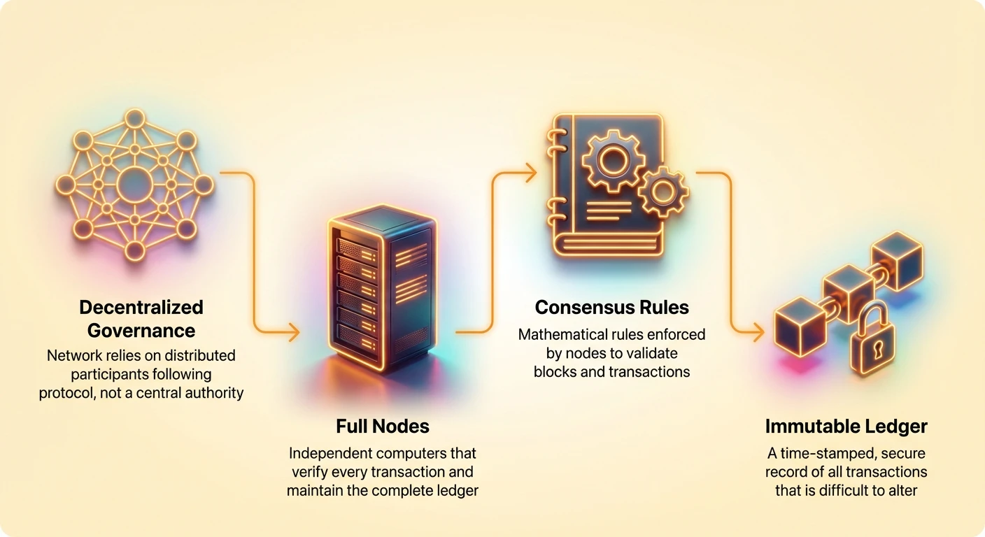 High-level summary illustrating shift from centralized to decentralized governance, central role of full nodes, and immutable ledger maintained through consensus rules.