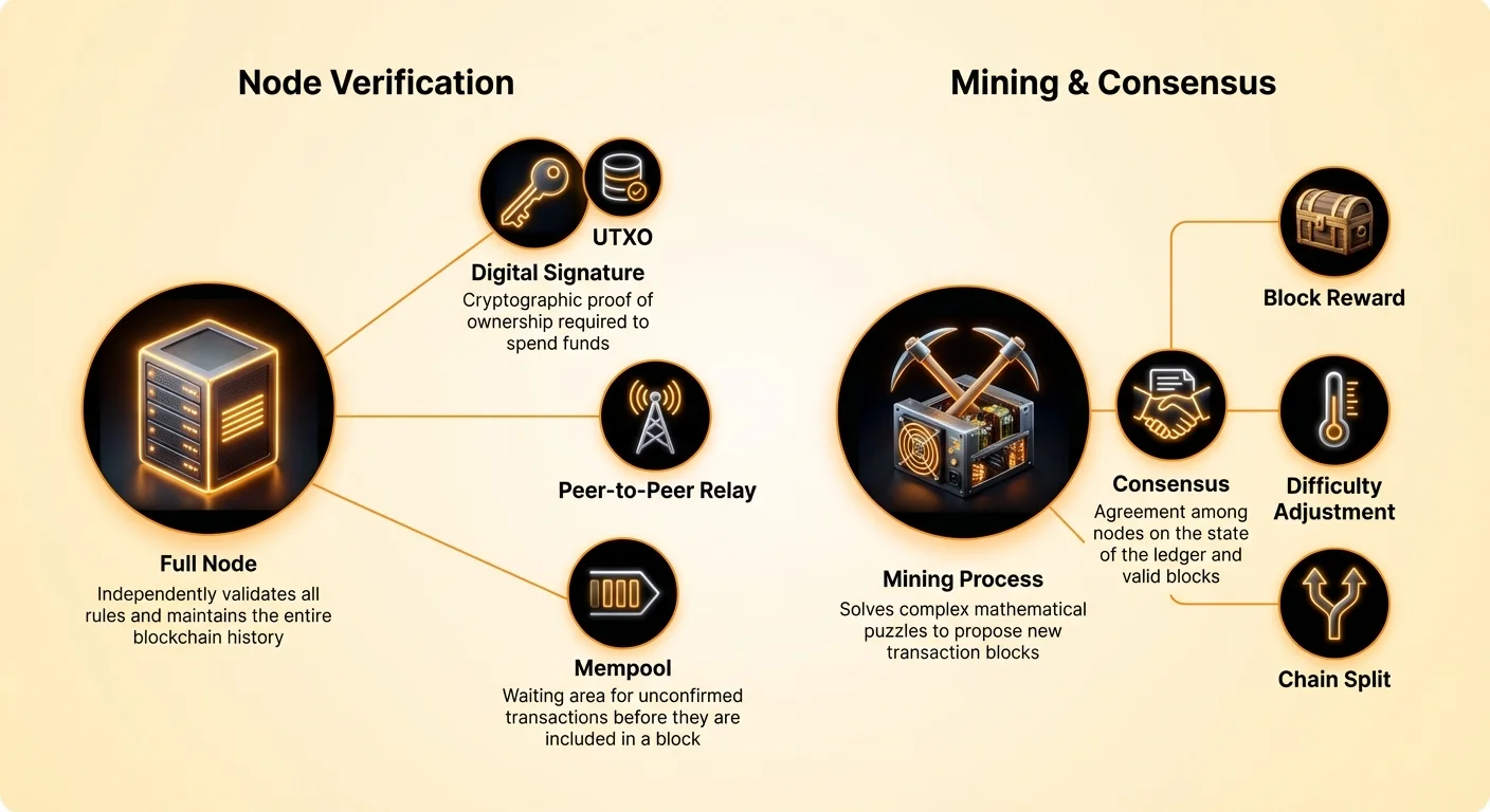 Detailed infographic contrasting node verification process with mining and consensus, showing mempool, digital signatures, and difficulty adjustment in network governance.