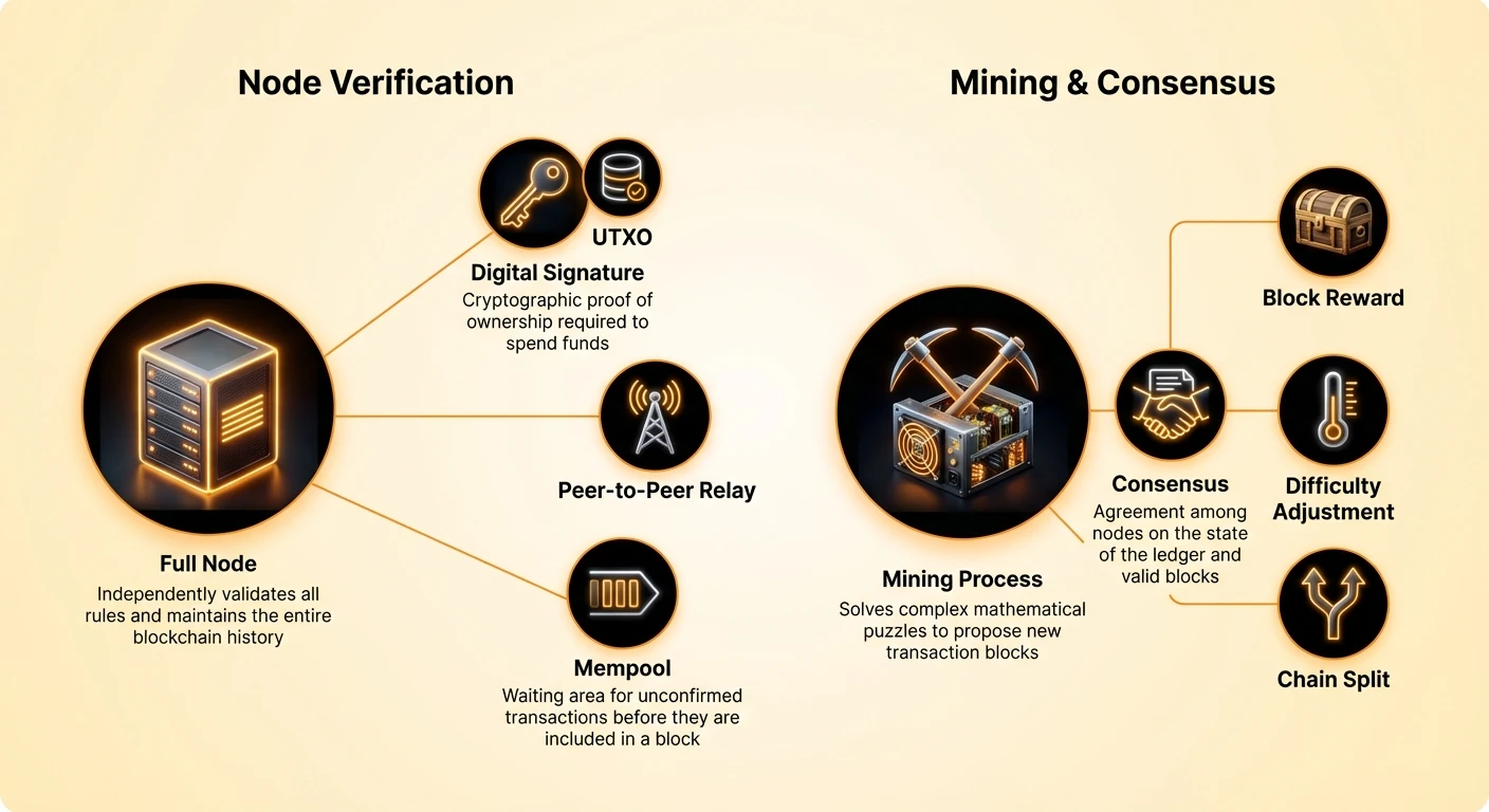 Detailed infographic contrasting node verification process with mining and consensus, showing mempool, digital signatures, and difficulty adjustment in network governance.