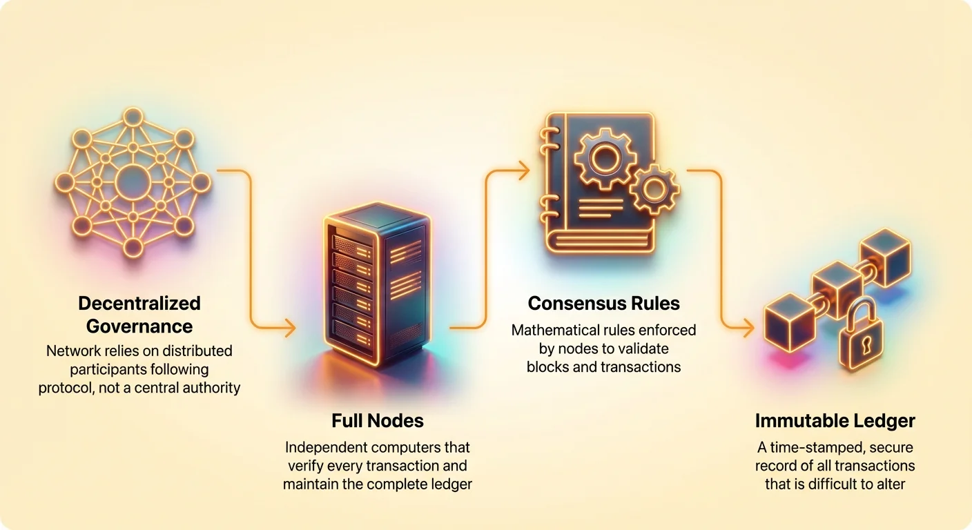 High-level summary illustrating shift from centralized to decentralized governance, central role of full nodes, and immutable ledger maintained through consensus rules.