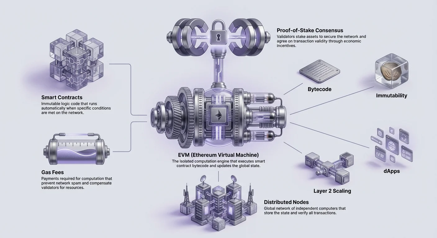 Detailed infographic centering Ethereum Virtual Machine (EVM) as engine, fueled by smart contracts and gas fees, secured by Proof-of-Stake, supported by distributed nodes, yielding dApps and immutability.