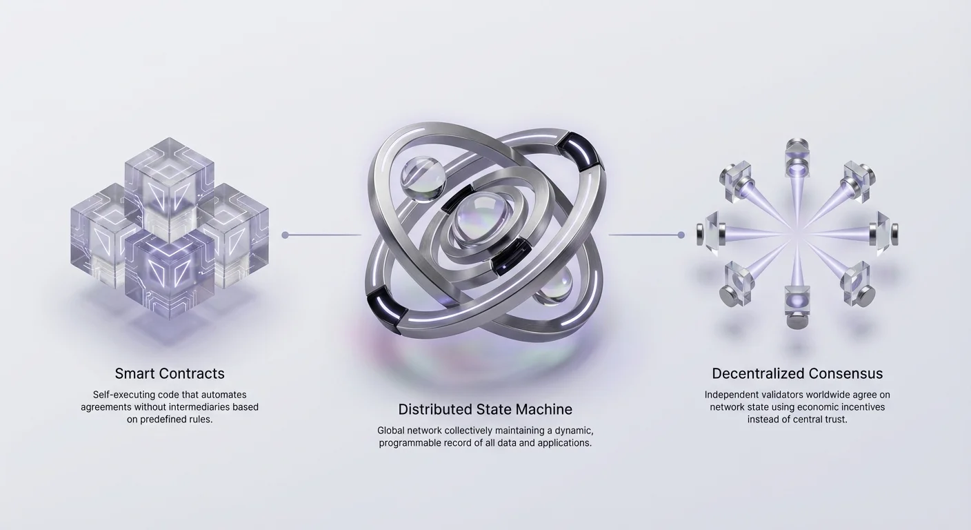 Simple infographic illustrating Ethereum's core pillars: Distributed State Machine maintaining global data, Smart Contracts automating agreements, and Decentralized Consensus securing network agreement.