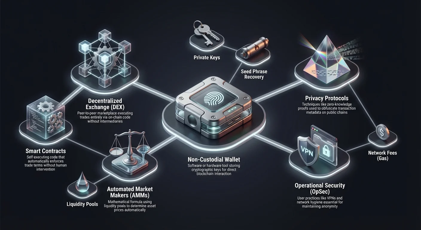 Infographic with non-custodial wallet at center, hub-and-spoke layout connecting to decentralized exchange infrastructure and privacy security protocols, hierarchical nodes and labels.