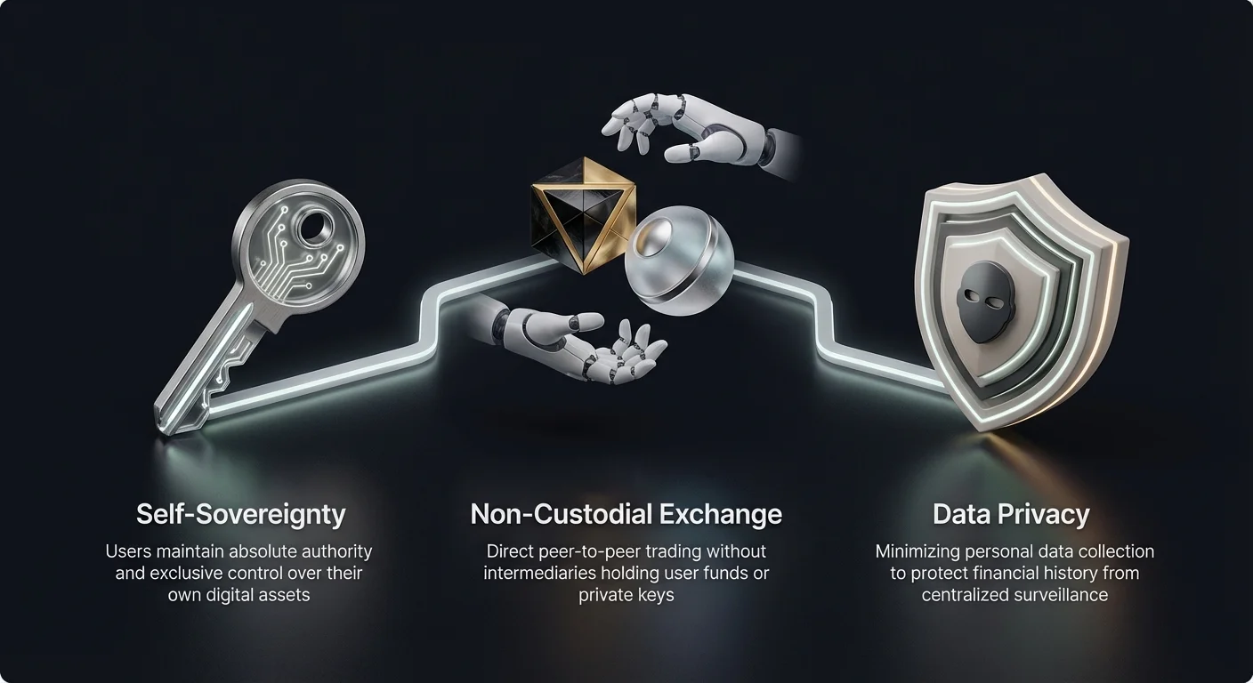 Simple infographic overview with three large interconnected nodes representing self-sovereignty, non-custodial exchange, and data privacy principles.