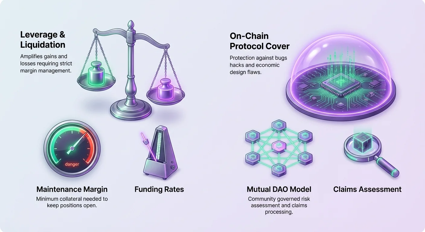 Detailed infographic comparing DeFi trading mechanics like leverage, liquidation, margin, and funding rates on the left with decentralized insurance including protocol cover, mutual DAOs, and claims on the right.