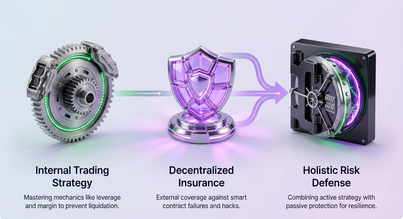 High-level infographic showing internal trading strategy mastering leverage and margin, paired with decentralized insurance, combining for holistic DeFi risk defense.