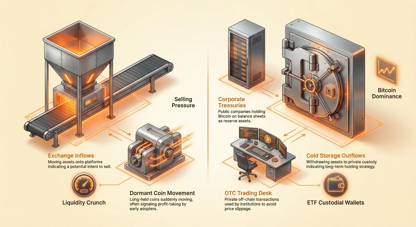 Detailed infographic comparing crypto whale on-chain indicators: exchange inflows signaling selling pressure, cold storage outflows for holding, OTC trading, corporate treasuries, dormant coins, liquidity crunch, Bitcoin dominance, and ETF wallets.