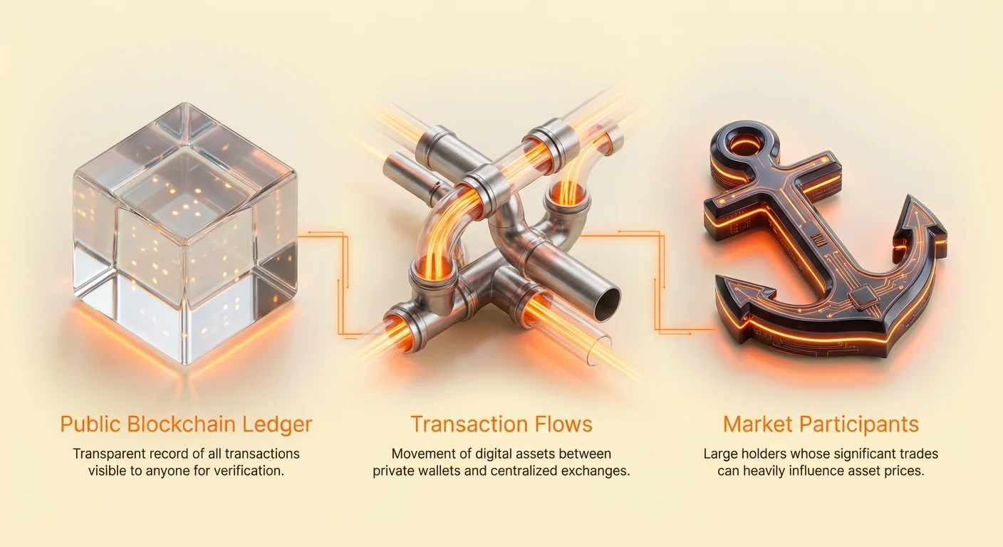 Simple infographic overview of on-chain analysis: public blockchain ledger for transparent transactions, asset flows between wallets and exchanges, and large market participants influencing prices.