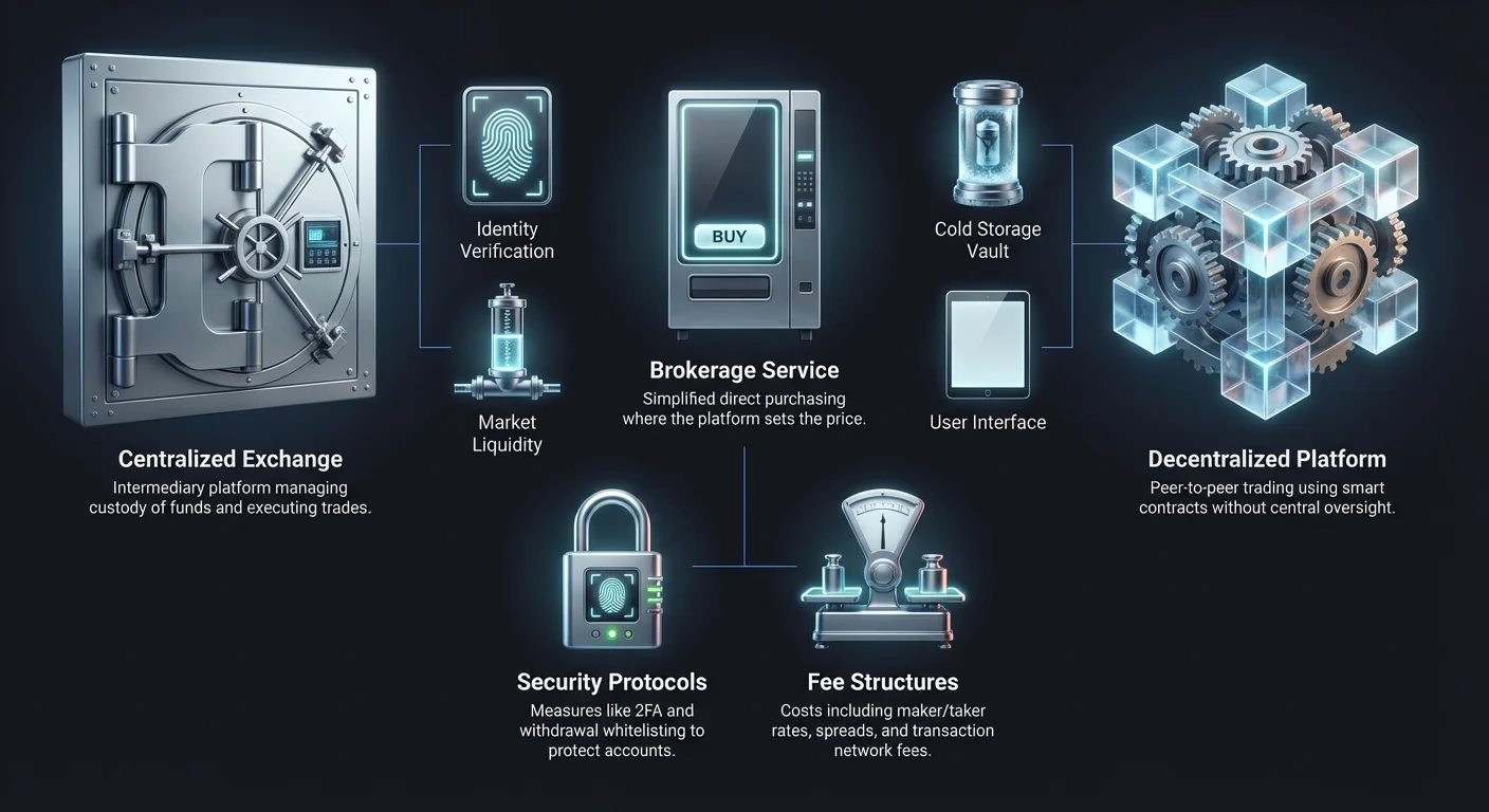Infographic comparing centralized exchanges, decentralized platforms, and brokerage services for crypto on-ramps, with security, fees, verification, storage, liquidity, and UI details.