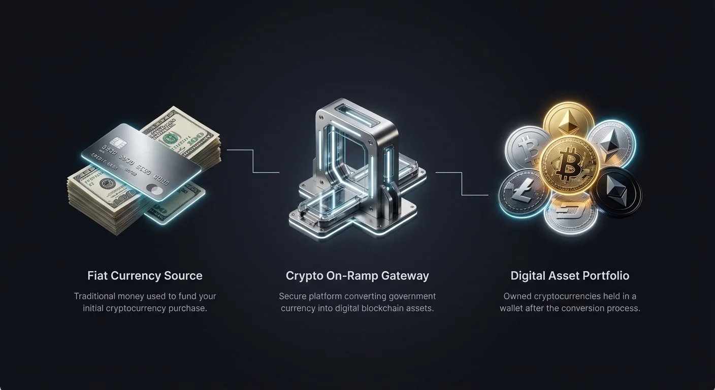 Simple infographic flowchart showing the basic crypto on-ramp process: fiat currency source flowing through a secure gateway to a digital asset portfolio.
