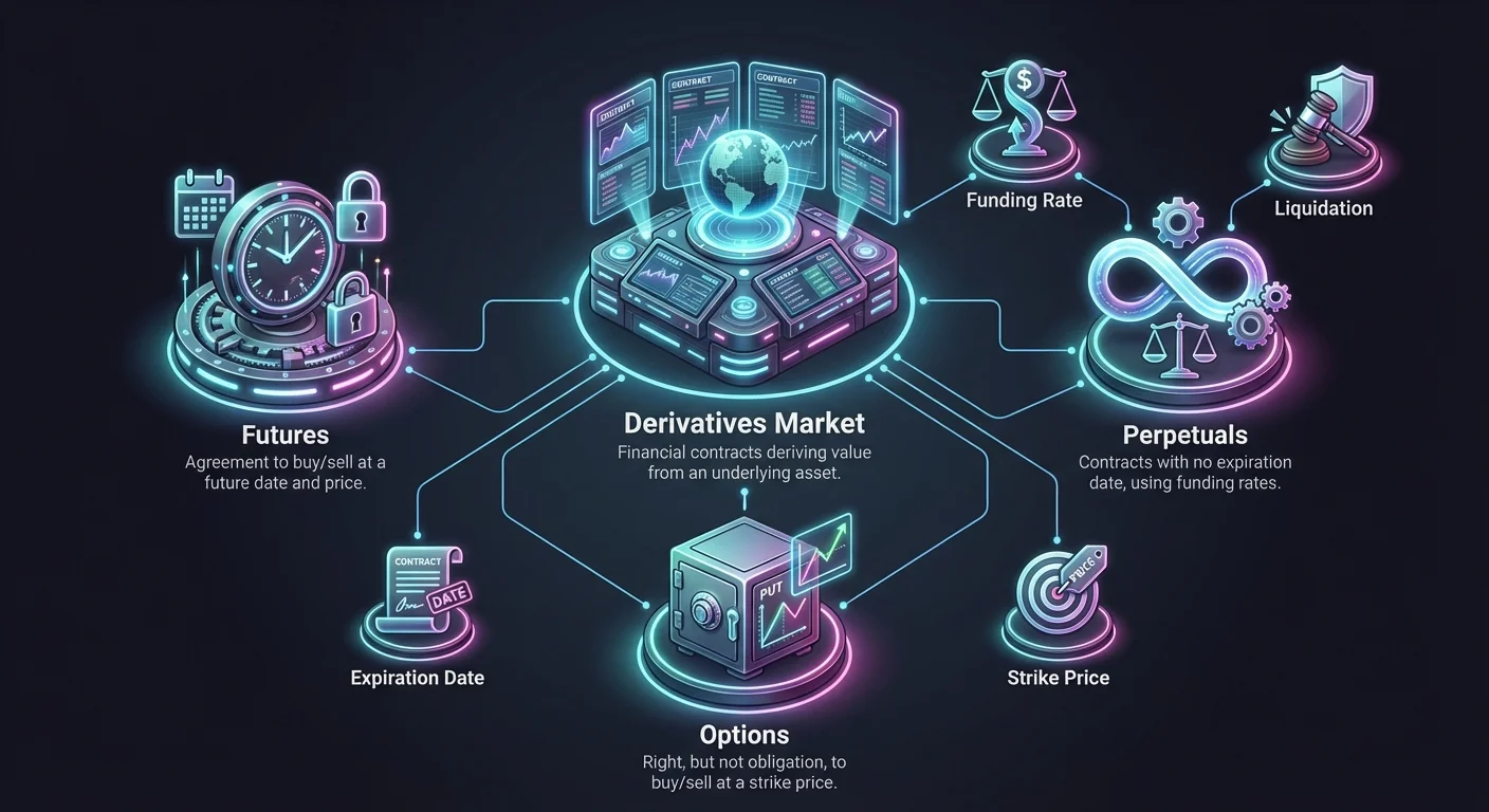 Detailed infographic breaking down the crypto derivatives market using a hub-and-spoke layout to connect main contract types with key features.