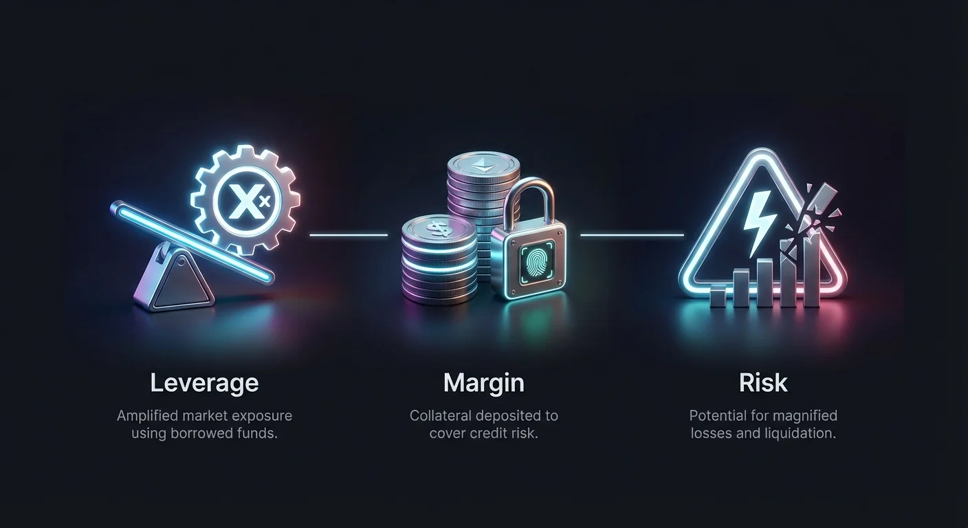 High-level infographic with large photorealistic icons illustrating core concepts of leverage, margin, and risk in cryptocurrency trading.