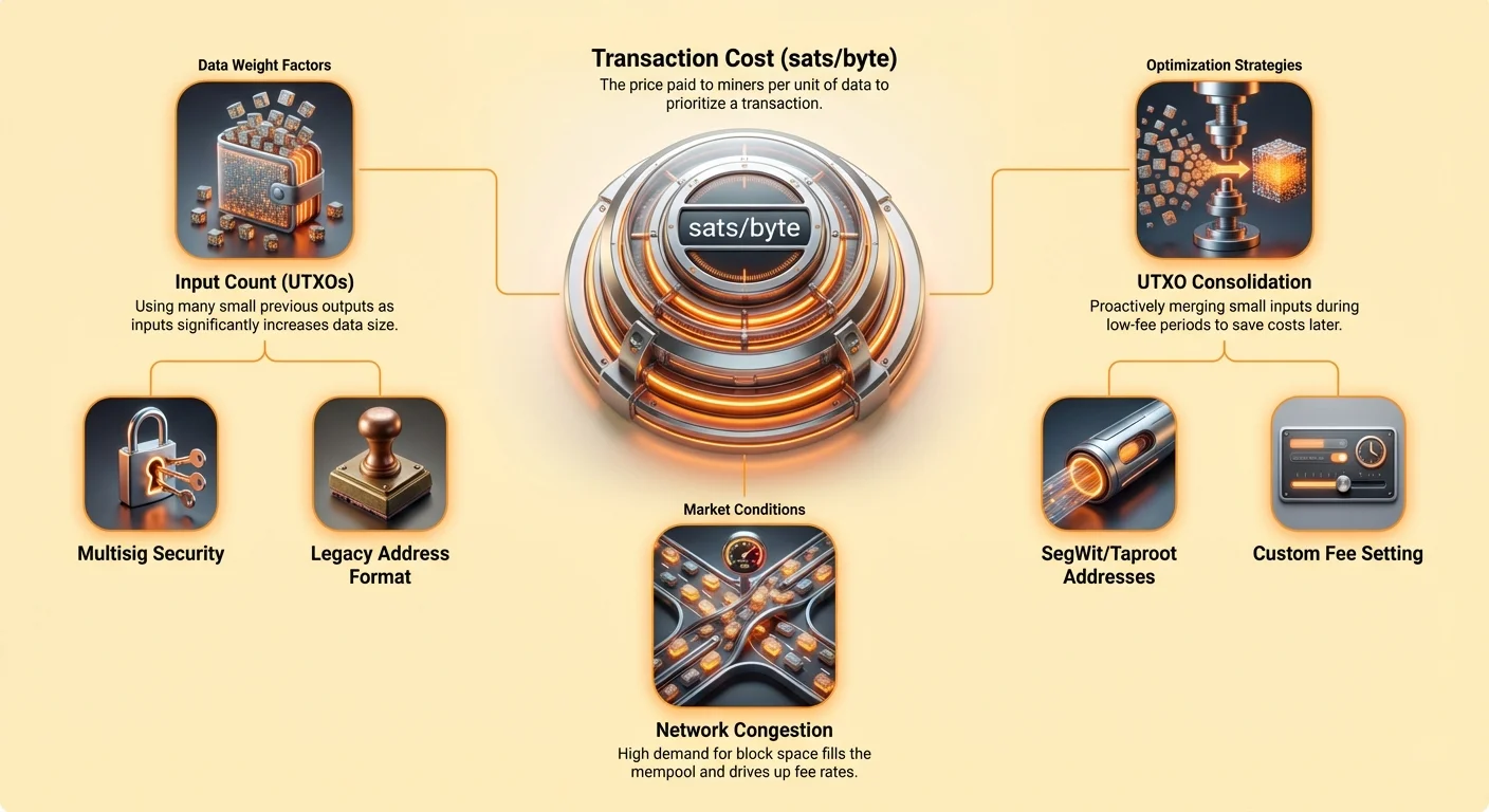 Hub-and-spoke infographic centered on 'Transaction Cost (sats/byte)', with clusters for data weight factors like input count and legacy addresses, optimization strategies including UTXO consolidation and SegWit, and network congestion.