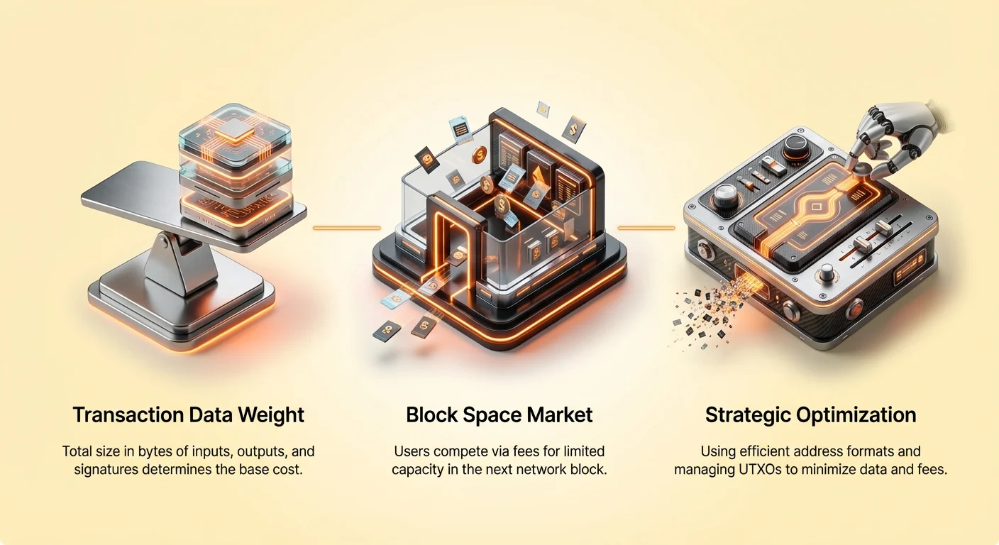 Infographic overview of Bitcoin transaction fees: Transaction Data Weight determines base cost, Block Space Market involves fee competition, and Strategic Optimization minimizes fees via efficient practices.