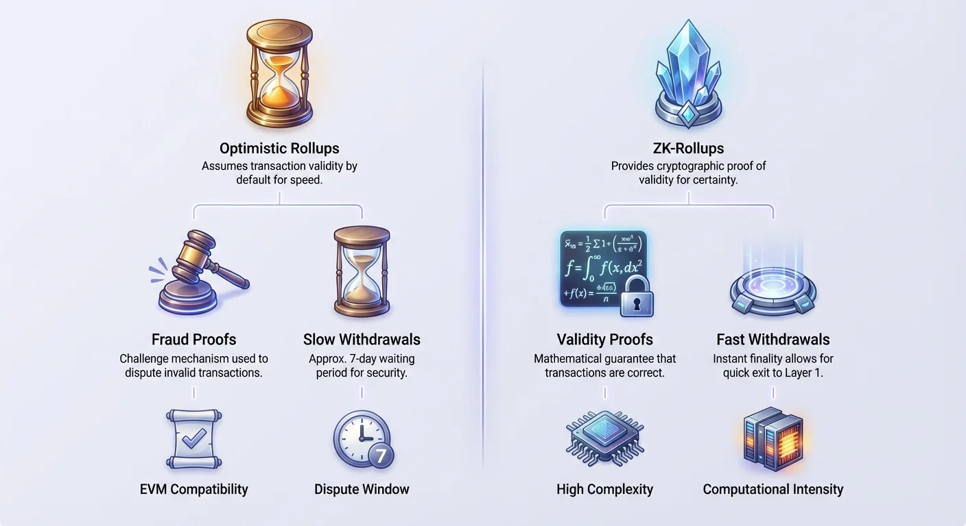 Detailed infographic comparing Optimistic Rollups and ZK-Rollups side-by-side, featuring icons for fraud proofs vs. validity proofs, slow vs. fast withdrawals, complexity, EVM compatibility, and dispute windows.